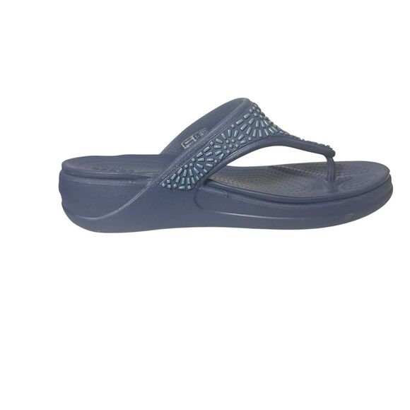 Crocs Monterey Womens Navy Wedge Embellished Thong Sandals Comfort Size 8 - Picture 12 of 16
